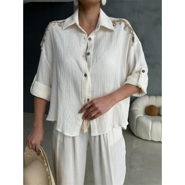 OMUZ SAÇAK DENİZ KABUĞU GÖMLEK - PANTOLON TAKIM - Ekru