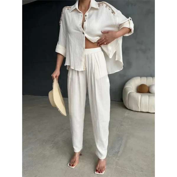 OMUZ SAÇAK DENİZ KABUĞU GÖMLEK - PANTOLON TAKIM - Ekru