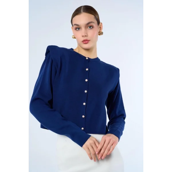 Omuzları Belirgin Triko Hırka  Lacivert