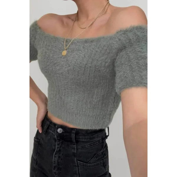 Omuzu Açık Kısa Crop  Haki