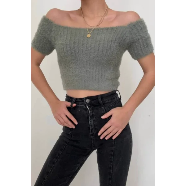Omuzu Açık Kısa Crop  Haki