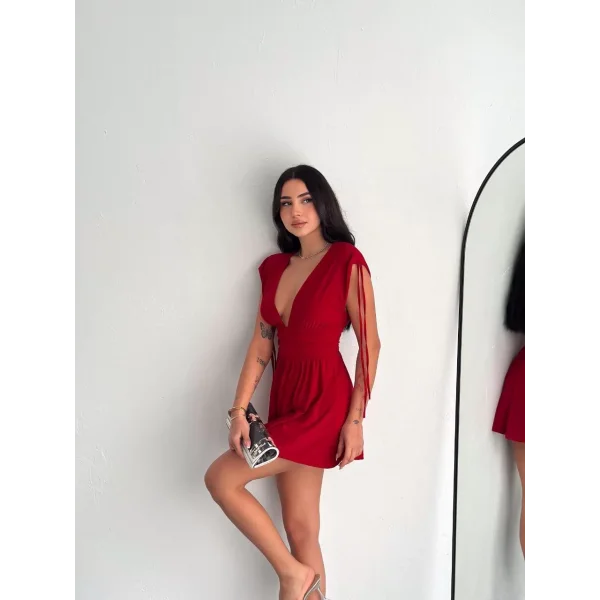 Omuzu ip Askılı Şortlu Elbise - Kırmızı