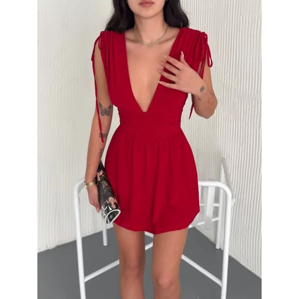 Omuzu ip Askılı Şortlu Elbise - Kırmızı