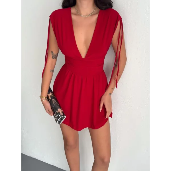 Omuzu ip Askılı Şortlu Elbise - Kırmızı