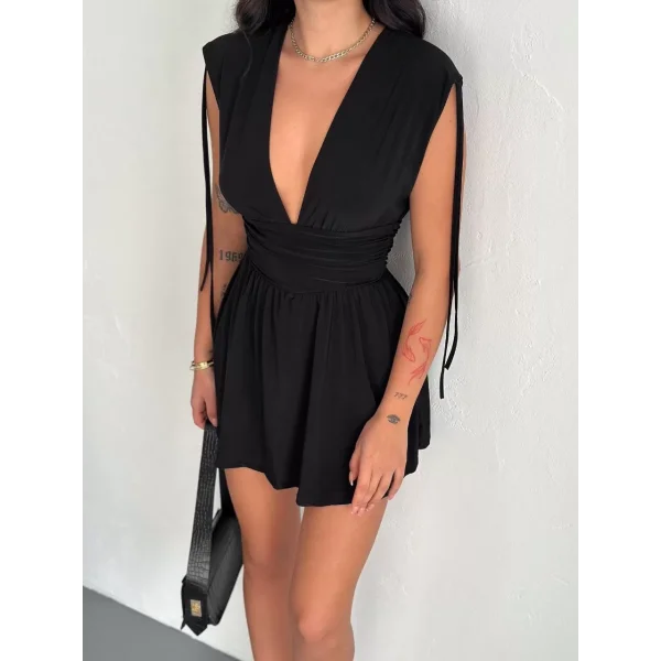 Omuzu ip Askılı Şortlu Elbise - Siyah