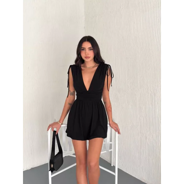 Omuzu ip Askılı Şortlu Elbise - Siyah