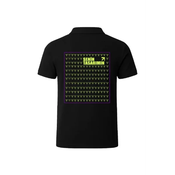 Ön Arka Polo Yaka Pike Peteklı Tişört - Siyah