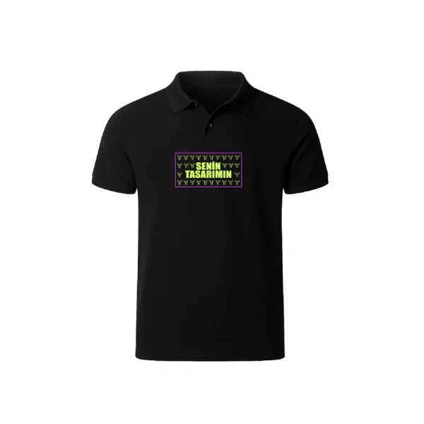 Ön Arka Polo Yaka Pike Peteklı Tişört - Siyah