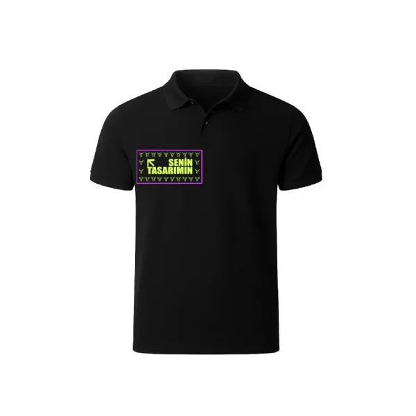 Ön Arka Polo Yaka Pike Peteklı Tişört - Siyah