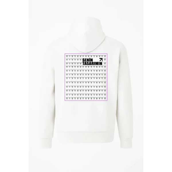 Ön Arka Tam Fermuarlı Kapüşonlu SweatShirt - Beyaz