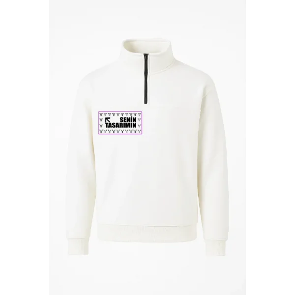 Ön Arka Yarım Fermuarlı Oversize Yakalı Basic SweatShirt - Beyaz