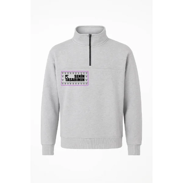 Ön Arka Yarım Fermuarlı Oversize Yakalı Basic SweatShirt - Gri