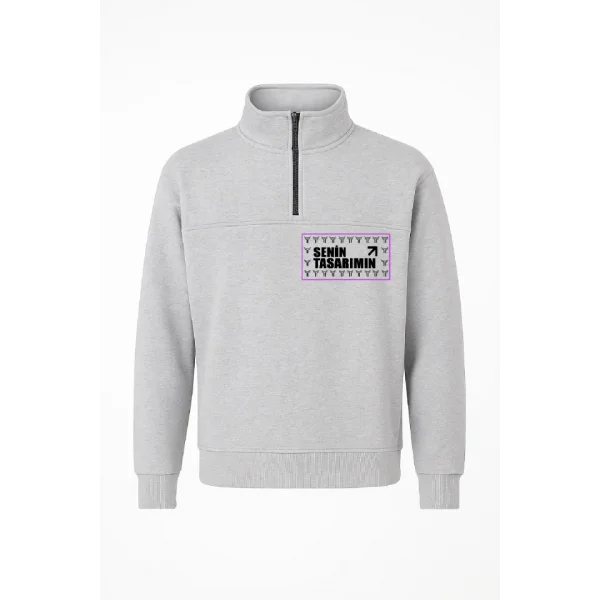 Ön Arka Yarım Fermuarlı Oversize Yakalı Basic SweatShirt - Gri