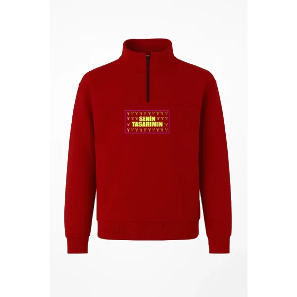 Ön Arka Yarım Fermuarlı Oversize Yakalı Basic SweatShirt - Kırmızı