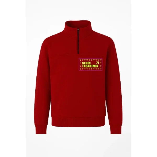 Ön Arka Yarım Fermuarlı Oversize Yakalı Basic SweatShirt - Kırmızı