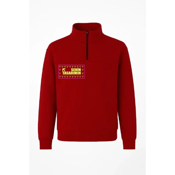 Ön Arka Yarım Fermuarlı Oversize Yakalı Basic SweatShirt - Kırmızı