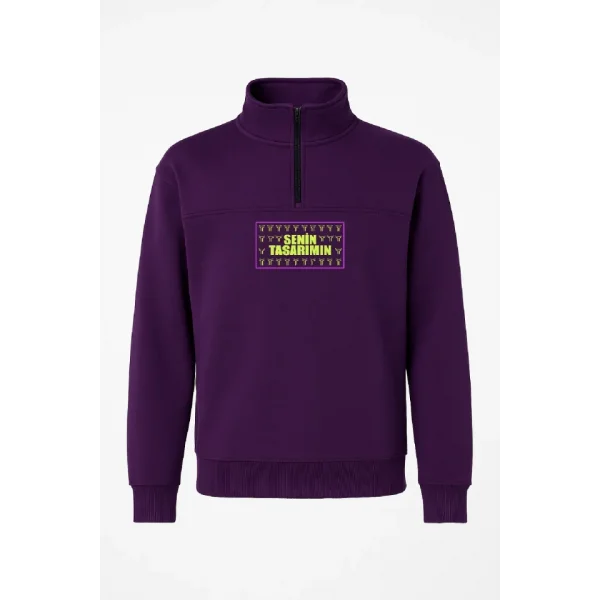 Ön Arka Yarım Fermuarlı Oversize Yakalı Basic SweatShirt - Mor