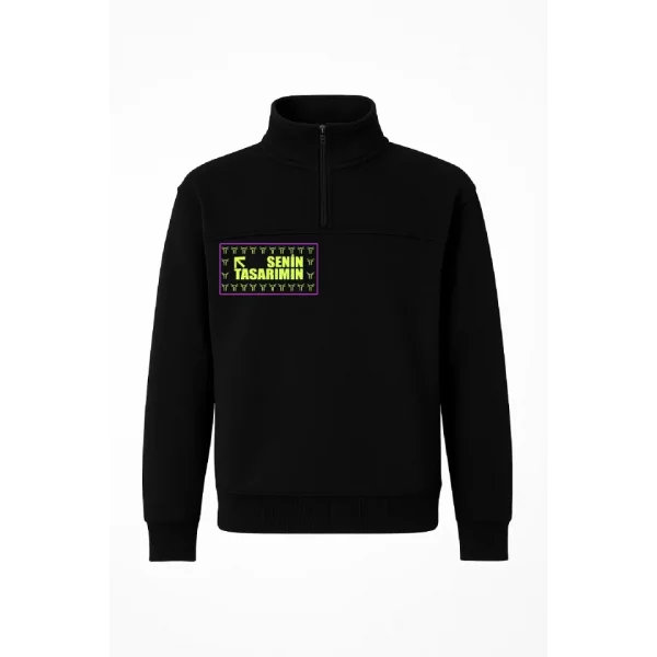 Ön Arka Yarım Fermuarlı Oversize Yakalı Basic SweatShirt - Siyah