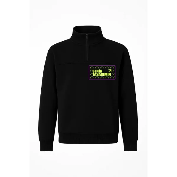 Ön Arka Yarım Fermuarlı Oversize Yakalı Basic SweatShirt - Siyah