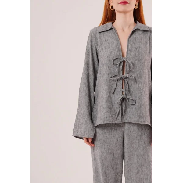 Ön Bağlama Detaylı Pantolon Ve Gömlek Antrasit İkili Takım