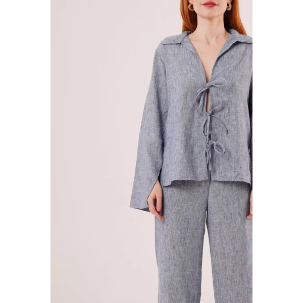 Ön Bağlama Detaylı Pantolon Ve Gömlek İndigo İkili Takım