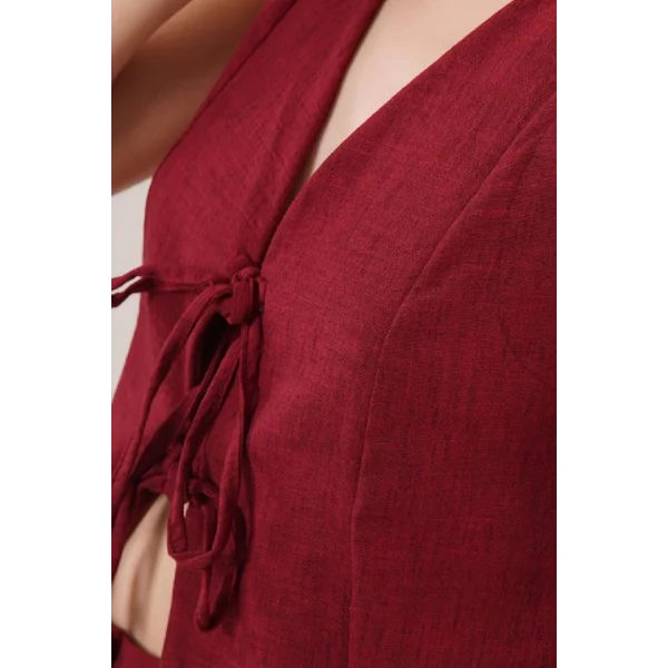 Ön Bağlama Detaylı Yelek Ve Pantolon Bordo İkili Takım