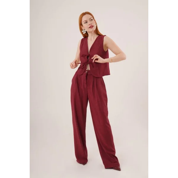 Ön Bağlama Detaylı Yelek Ve Pantolon Bordo İkili Takım