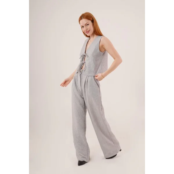 Ön Bağlama Detaylı Yelek Ve Pantolon Gri İkili Takım