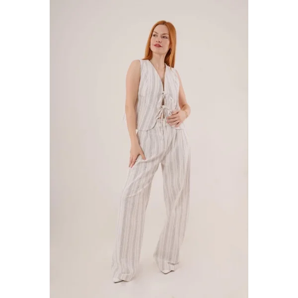 Ön Bağlama Detaylı Yelek Ve Pantolon iyah Çizgili İkili Takım