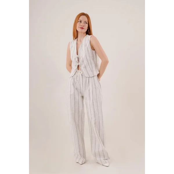 Ön Bağlama Detaylı Yelek Ve Pantolon iyah Çizgili İkili Takım