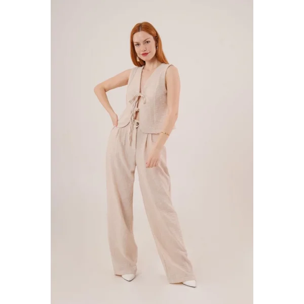 Ön Bağlama Detaylı Yelek Ve Pantolon Taş İkili Takım