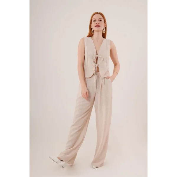 Ön Bağlama Detaylı Yelek Ve Pantolon Taş İkili Takım