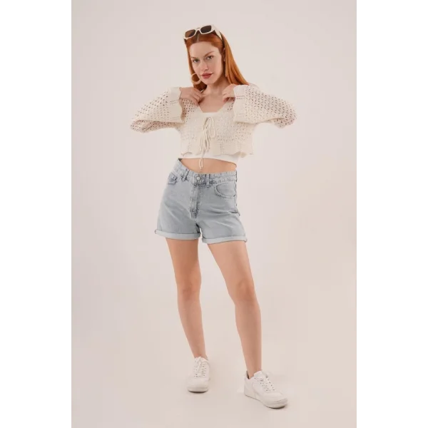 Ön Bağlamalı Ajurlu Crop Krem Hırka