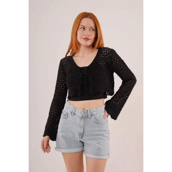 Ön Bağlamalı Ajurlu Crop Siyah Hırka