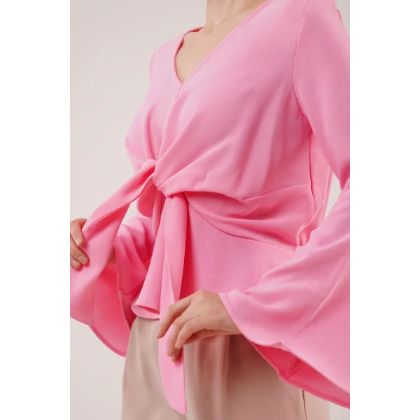 Ön Bağlamalı Volan Kol Pembe Bluz