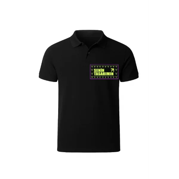Ön Polo Yaka Pike Peteklı Tişört - Siyah