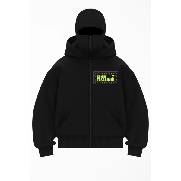 Ön Samuray Kapüşonlu ZIP Fermuarlı Kapüşonlu Sizin Tasarımınız SweatShirt - Siyah