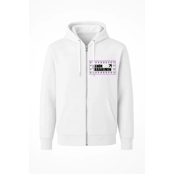 Ön Tam Fermuarlı Kapüşonlu SweatShirt - Beyaz