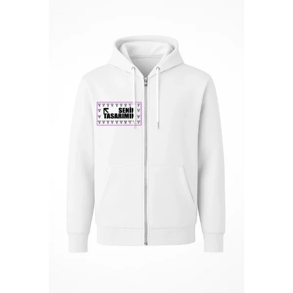Ön Tam Fermuarlı Kapüşonlu SweatShirt - Beyaz