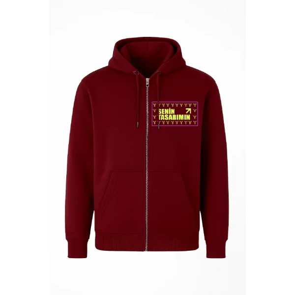 Ön Tam Fermuarlı Kapüşonlu SweatShirt - Bordo