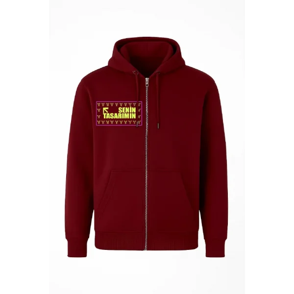 Ön Tam Fermuarlı Kapüşonlu SweatShirt - Bordo