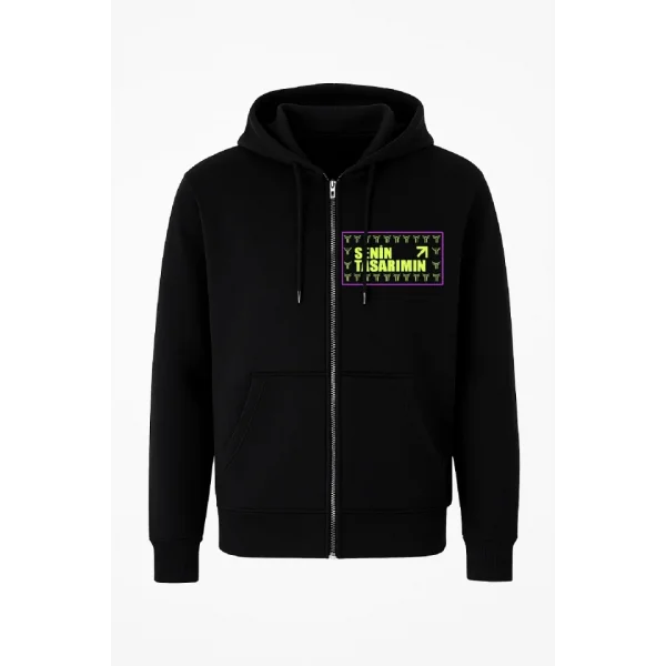 Ön Tam Fermuarlı Kapüşonlu SweatShirt - Siyah