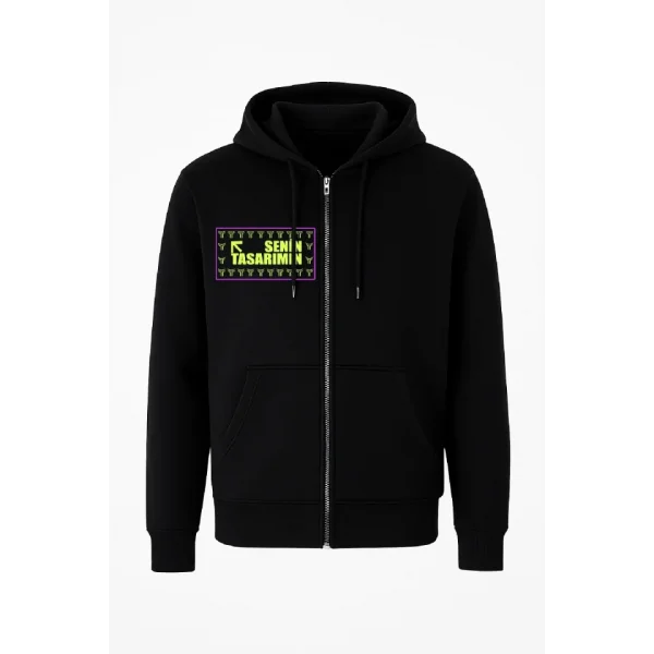 Ön Tam Fermuarlı Kapüşonlu SweatShirt - Siyah