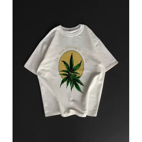 Ön ve Arka Baskılı Oversize Bisiklet Yaka T-shirt- Beyaz