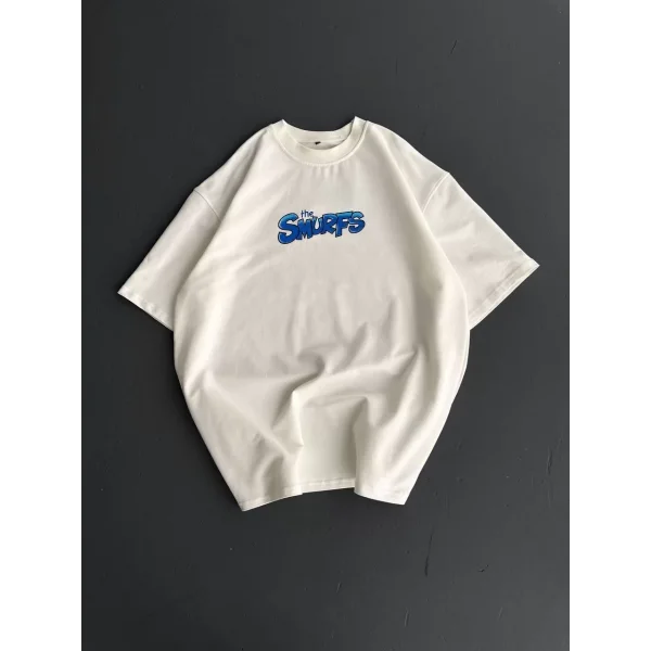 Ön ve Arka Baskılı Oversize Bisiklet Yaka T-shirt- Beyaz