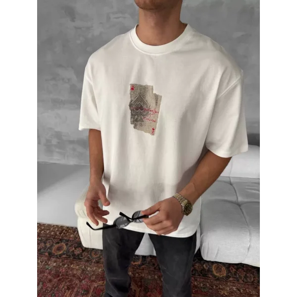 Ön ve Arka Baskılı Oversize Bisiklet Yaka T-shirt - Beyaz