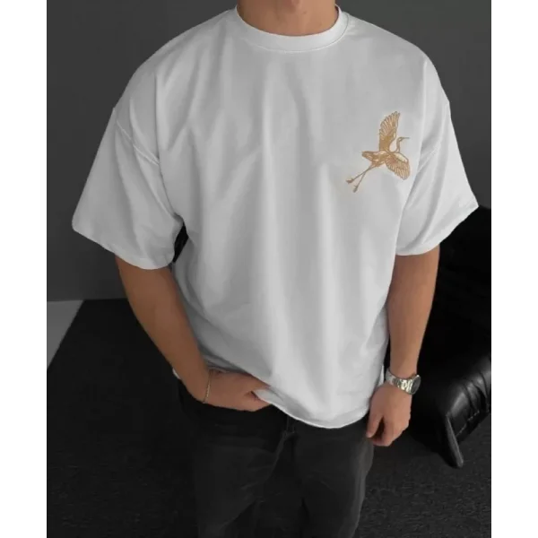 Ön ve Arka Baskılı Oversize Bisiklet Yaka T-shirt - Beyaz