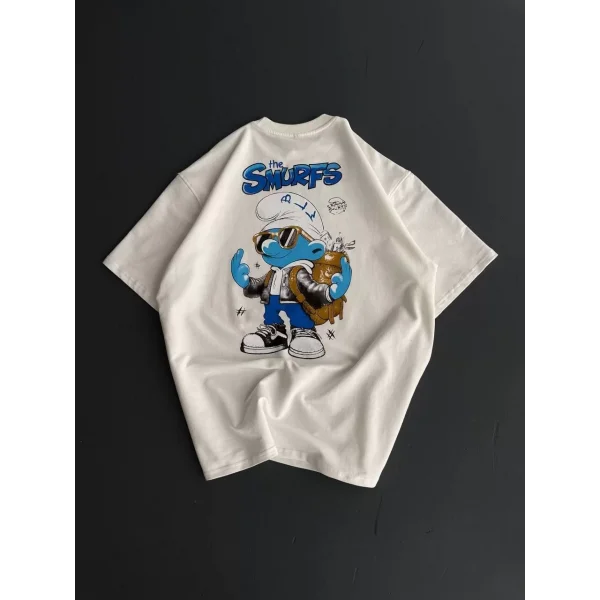 Ön ve Arka Baskılı Oversize Bisiklet Yaka T-shirt- Beyaz