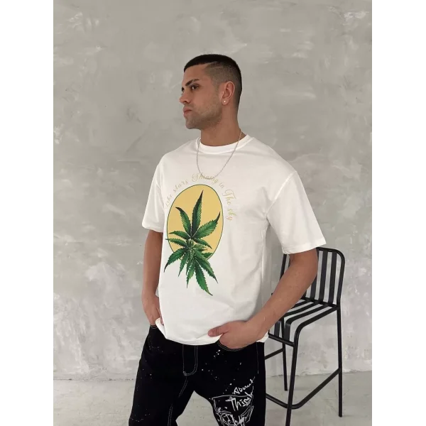 Ön ve Arka Baskılı Oversize Bisiklet Yaka T-shirt- Beyaz