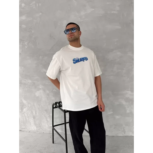 Ön ve Arka Baskılı Oversize Bisiklet Yaka T-shirt- Beyaz